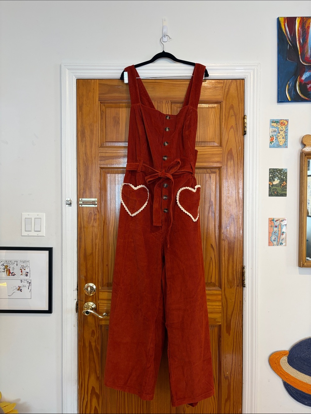 Rachel Antonoff orange corduroy heart pocket overalls